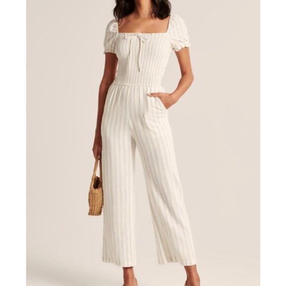 Abercrombie & Fitch Linen Jumpsuit Striped Smocked Body Short Sleeves SP - Picture 1 of 16